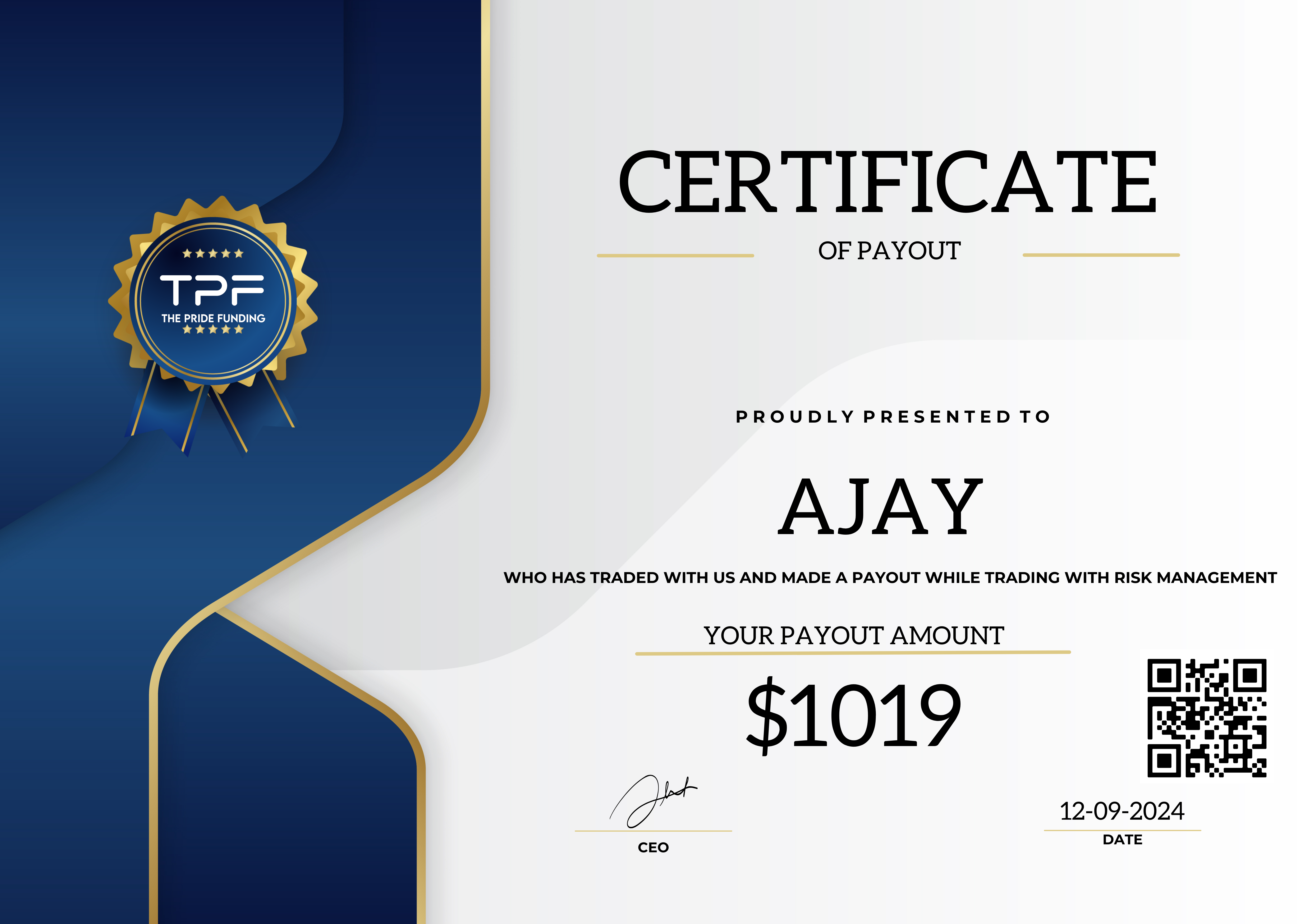 payout certificates the pride funding prop firm